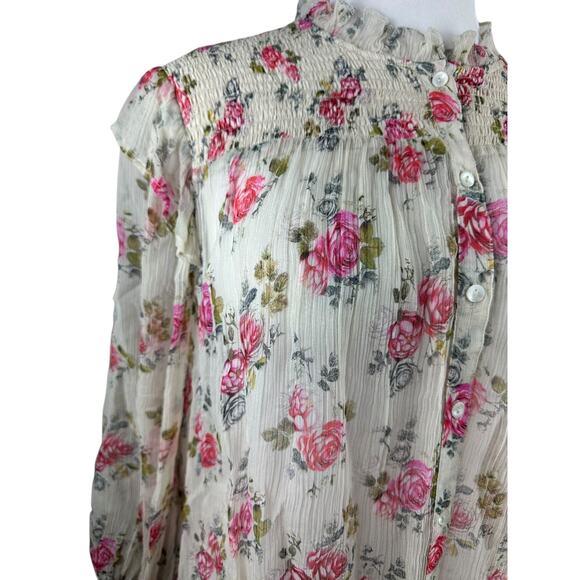 Sundance Amelia Floral Sheer Smocked Blouse Prairie Cottage Button Top Large - Picture 4 of 16